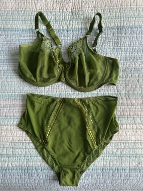Elomi Matilda 38G UK Olive Green Mesh Underwire Bra & High-Waist Briefs Set